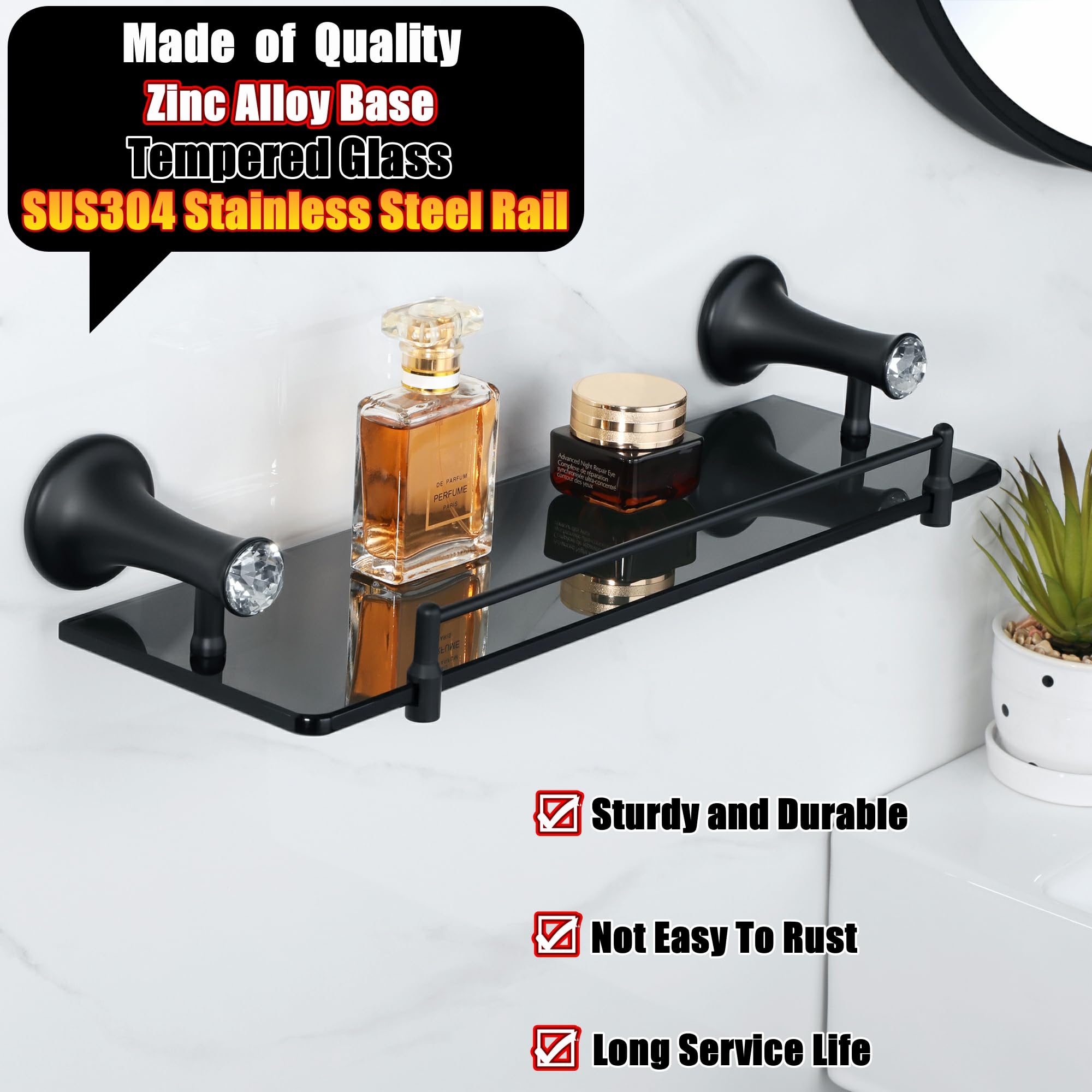 Alise Glass Shelf Bathroom Shelves With Guard Rail,Wall Mount Floating Shelves For Bathroom,Tempered Glass Shelves Rack Storage